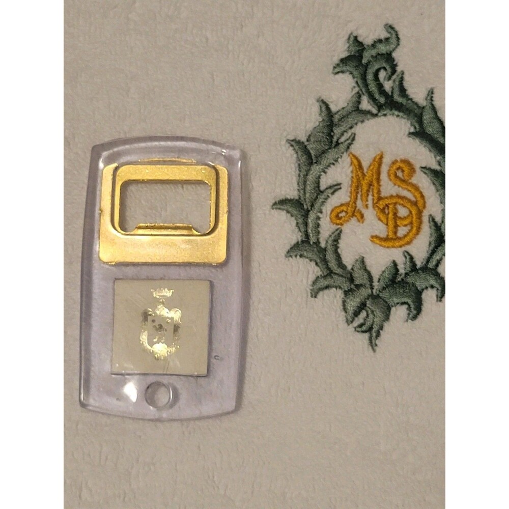 Vintage Italian Hotel Coat of Arms Bottle Opener & Toiletry Pouch Set Lucite